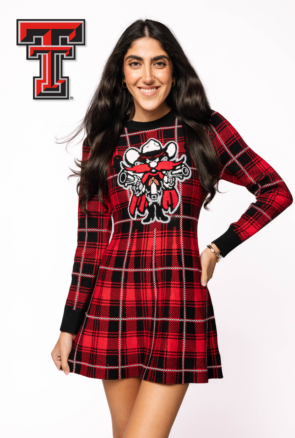 Licensed Sample - Texas Tech Plaid Mascot Sweater Dress