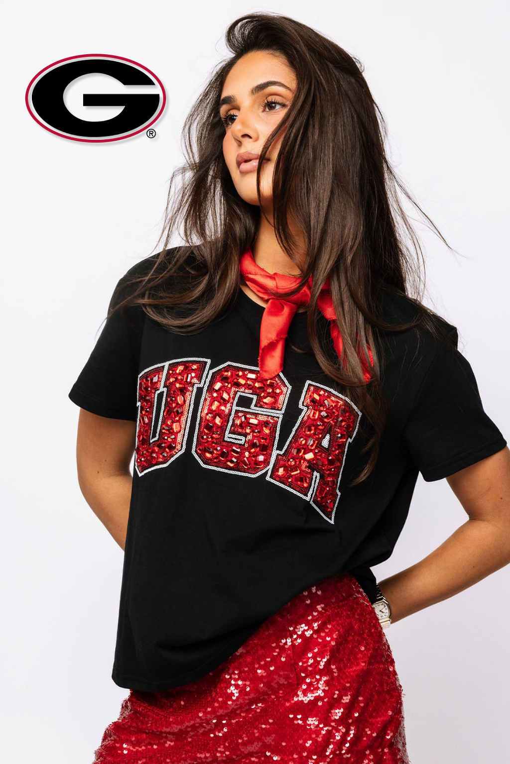 Licensed Black & Red Jeweled 'UGA' Tee