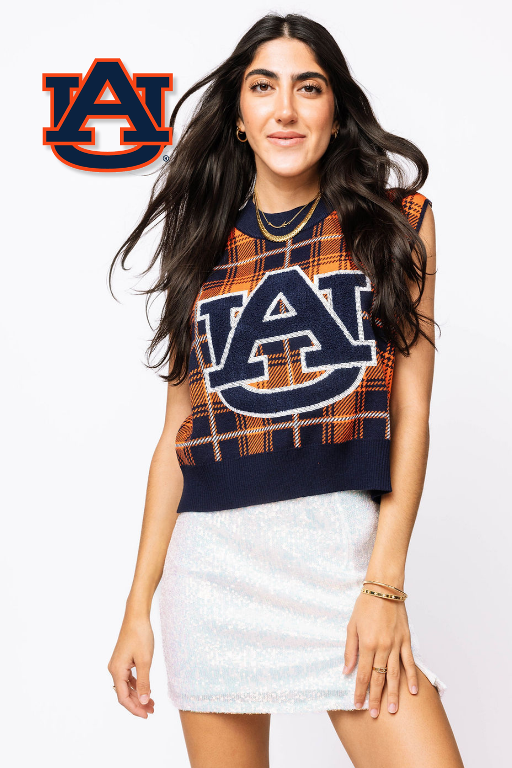 Licensed- Navy & Orange Plaid Auburn Sweater Vest