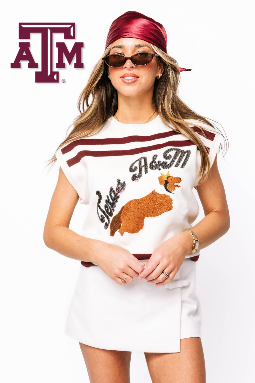 Licensed-White & Maroon Texas A&M Stripe Short Sleeve Top