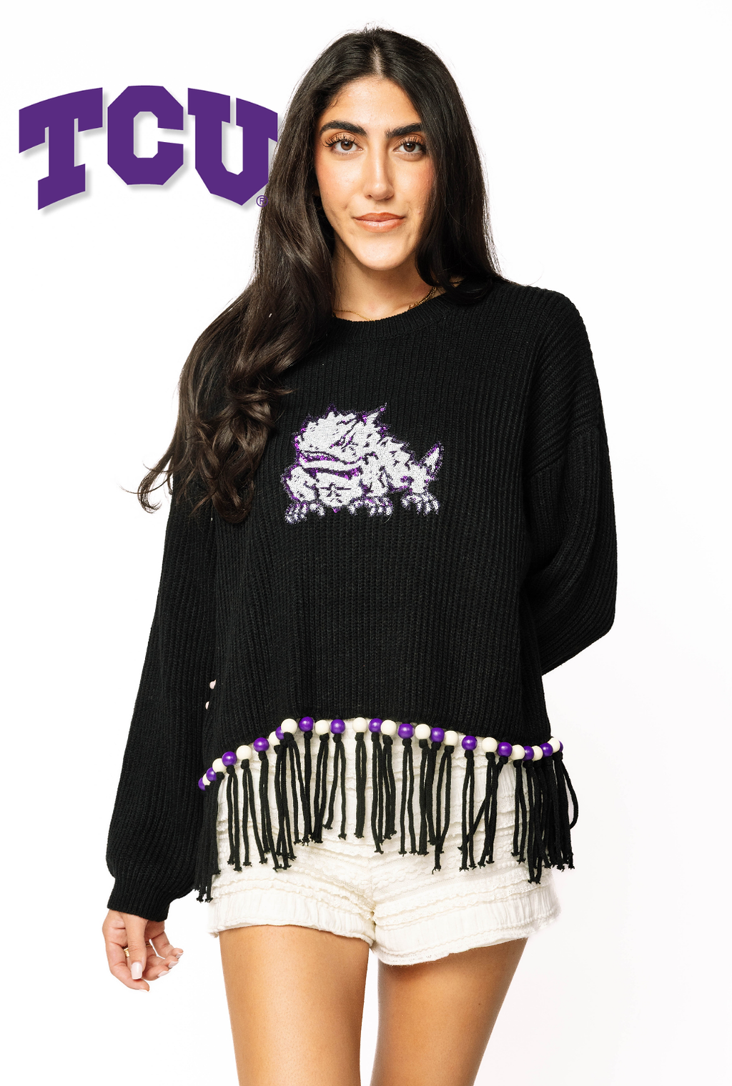 Licensed Sample - TCU Fringe Bead LS Sweater