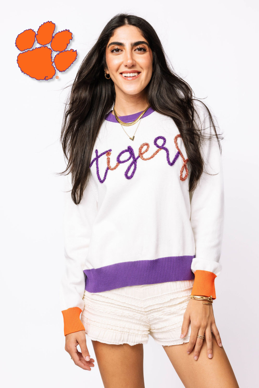 Licensed White With Purple & Orange "Tigers" LS Sweater