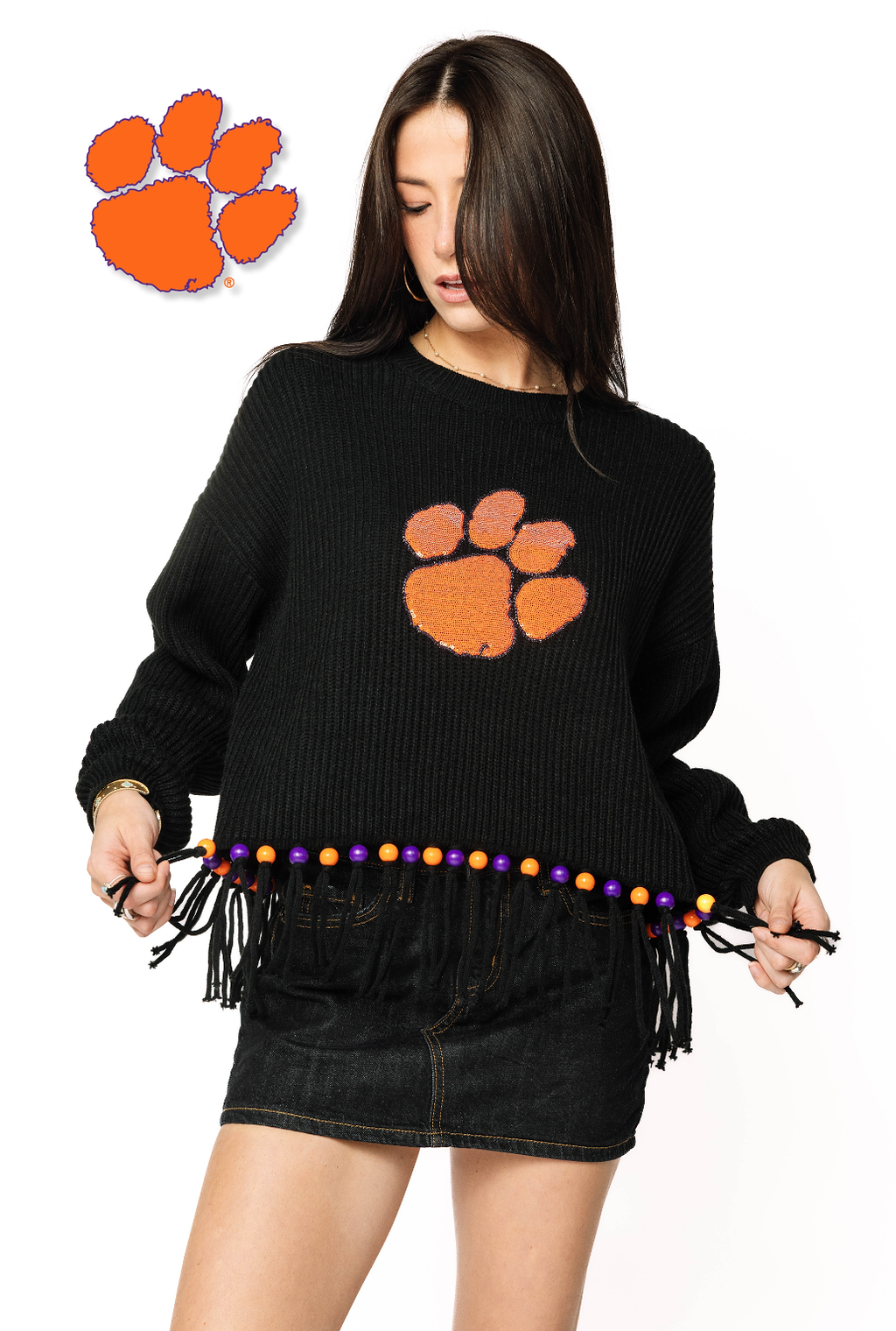 Licensed Sample - Clemson Fringe Bead LS Sweater