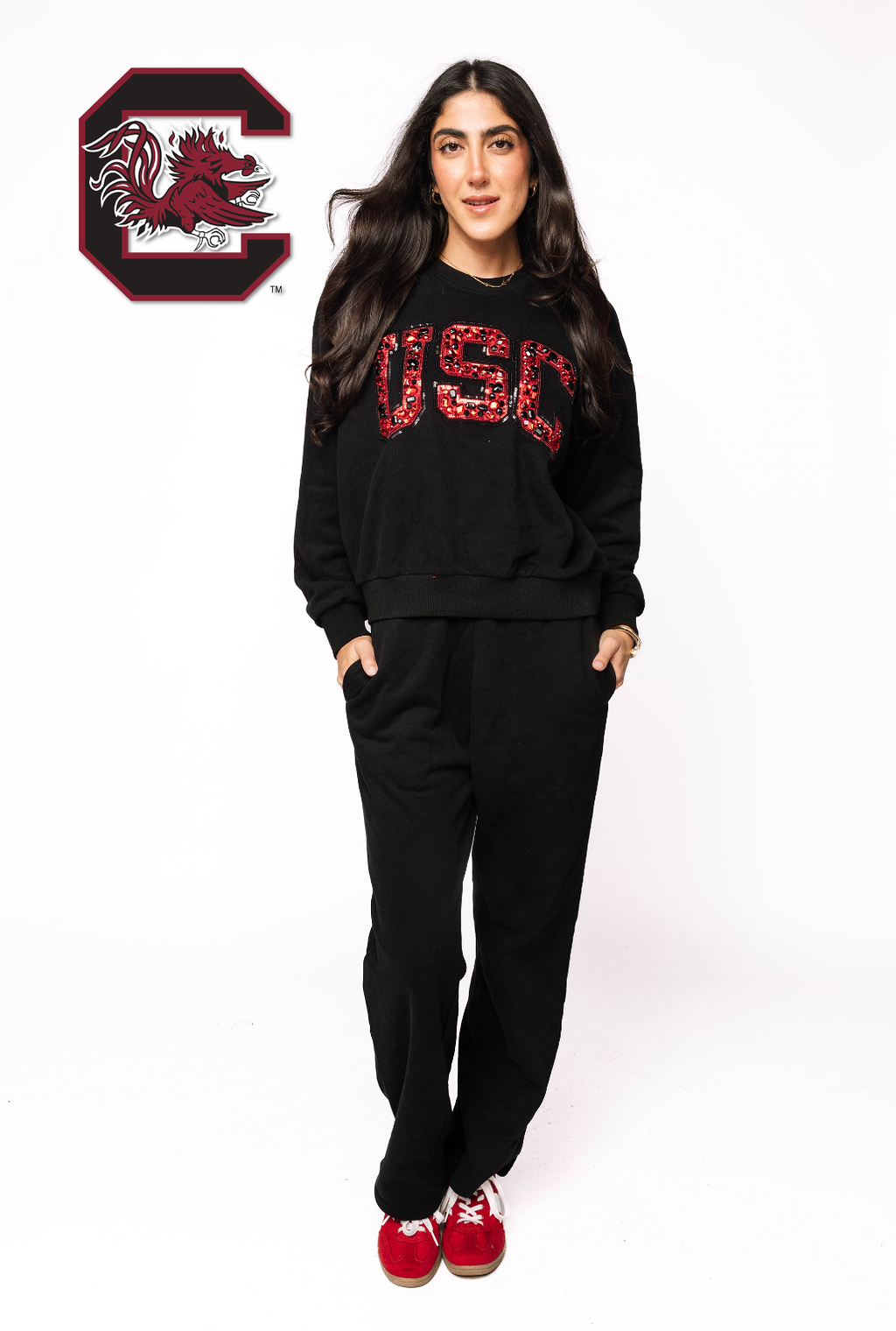 Licensed Sample - S Carolina Black W/ Multi Jewel Letter Sweatshirt/Pant SET