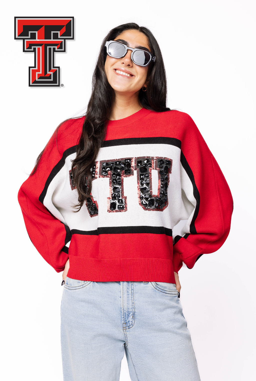 Licensed Sample - Texas Tech Colorblock Jewel Letter Sweatshirt
