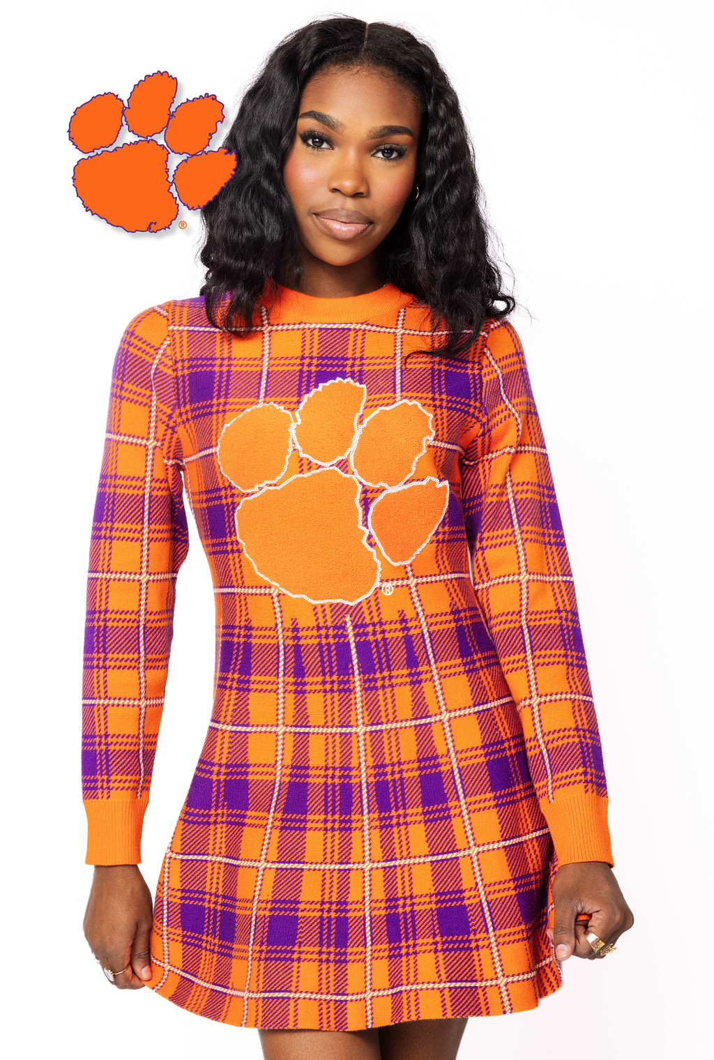 Licensed Sample - Clemson Plaid Mascot Sweater Dress