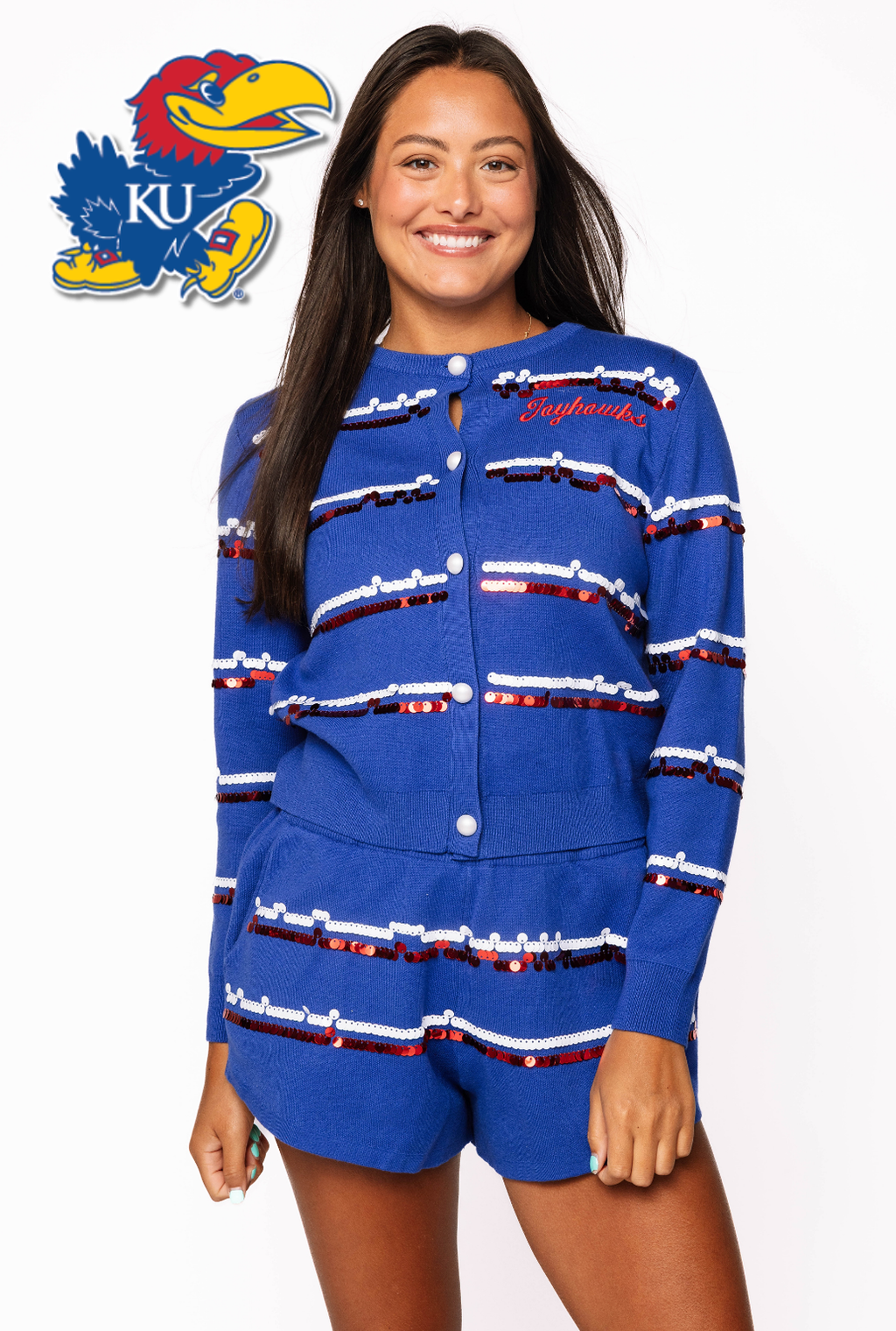 Licensed Sample - Kansas Full Sequin Skinny Stripe Cardigan/Short