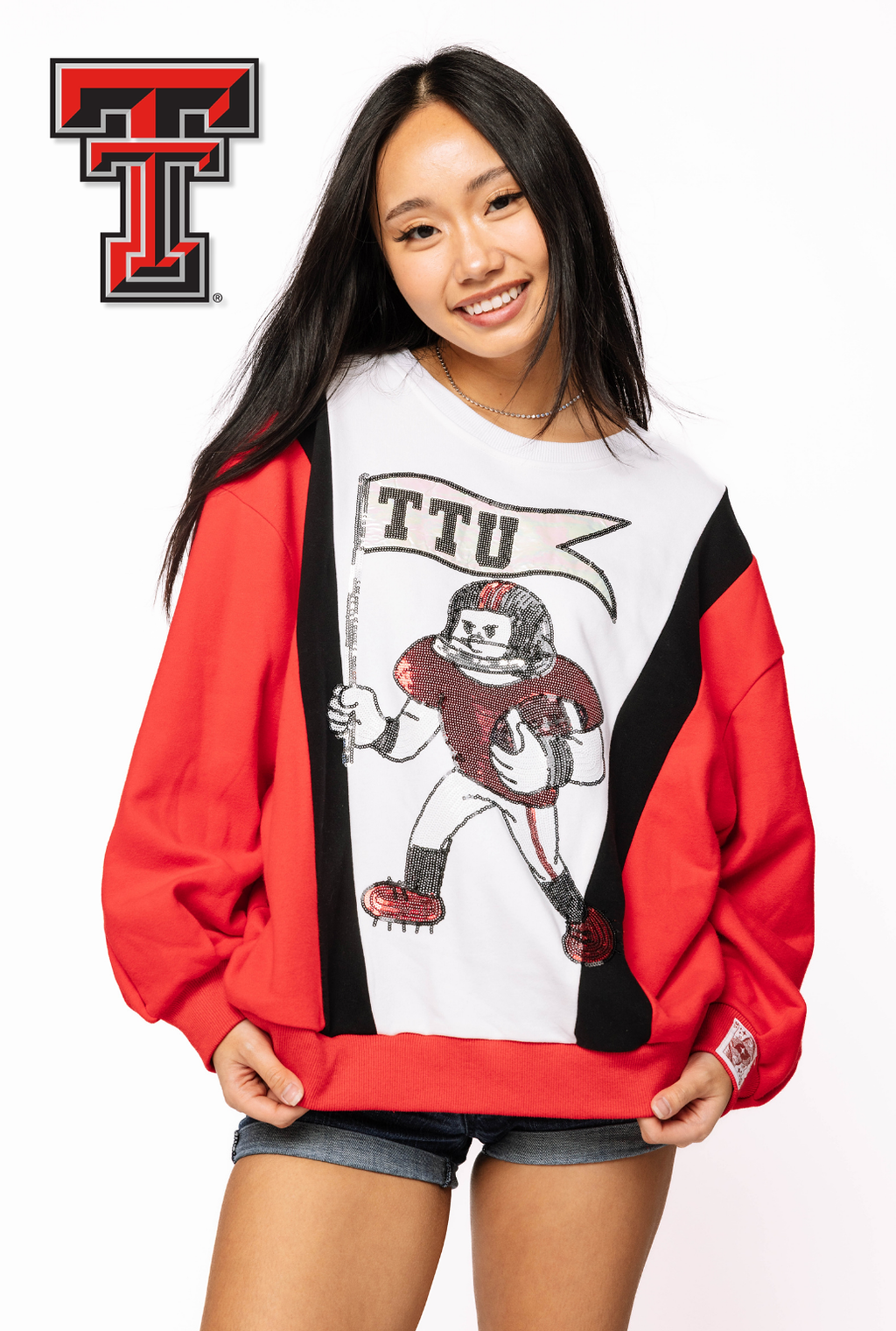 Licensed Sample - Texas Tech Football Player With Flag Sweatshirt