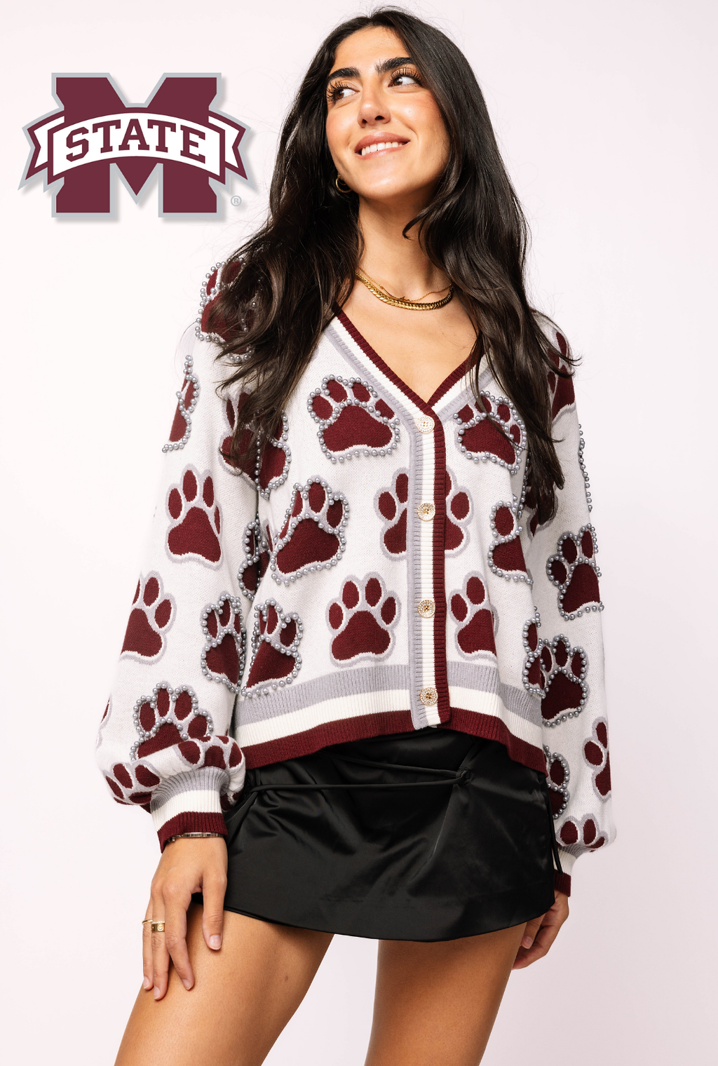 Licensed Mississippi State Knit In Mascot Rhinestone Cardigan