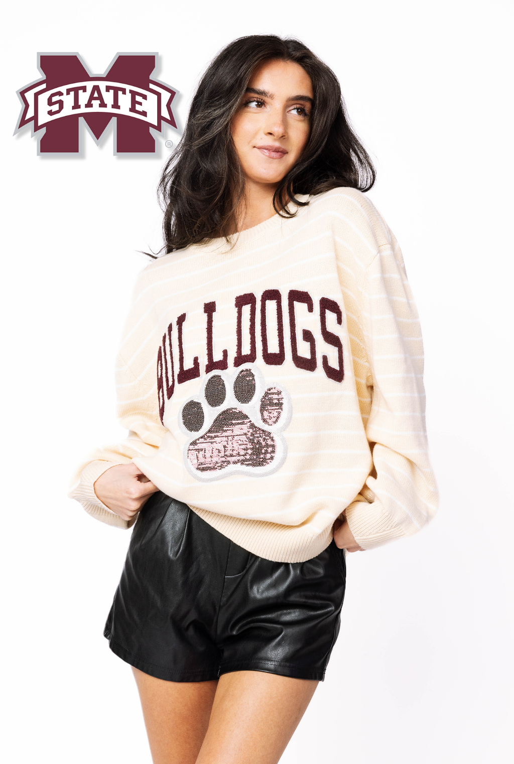 Licensed Sample - Mississippi State Beige Stripe Vintage Team Sweater