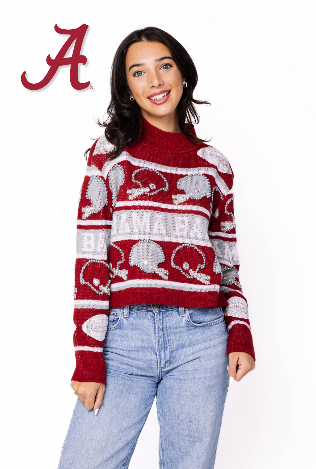 Licensed Sample - Alabama Vintage Football Helmet Stripe Turtle Neck Sweater