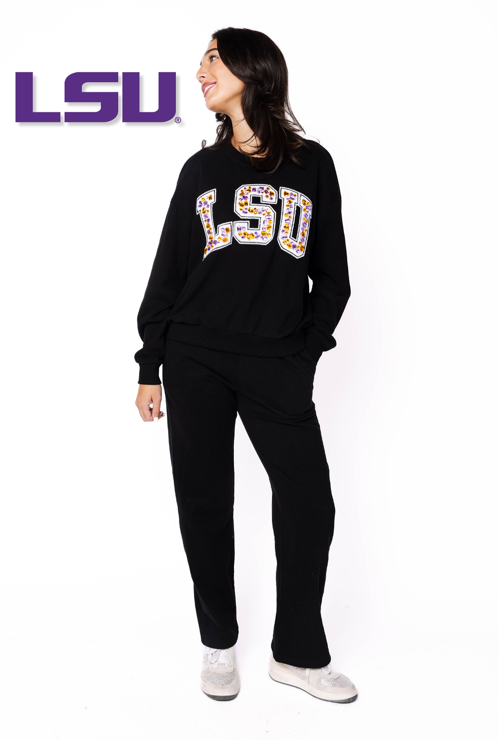 Licensed Sample - LSU Black W/ Multi Jewel Letter Sweatshirt/Pant SET
