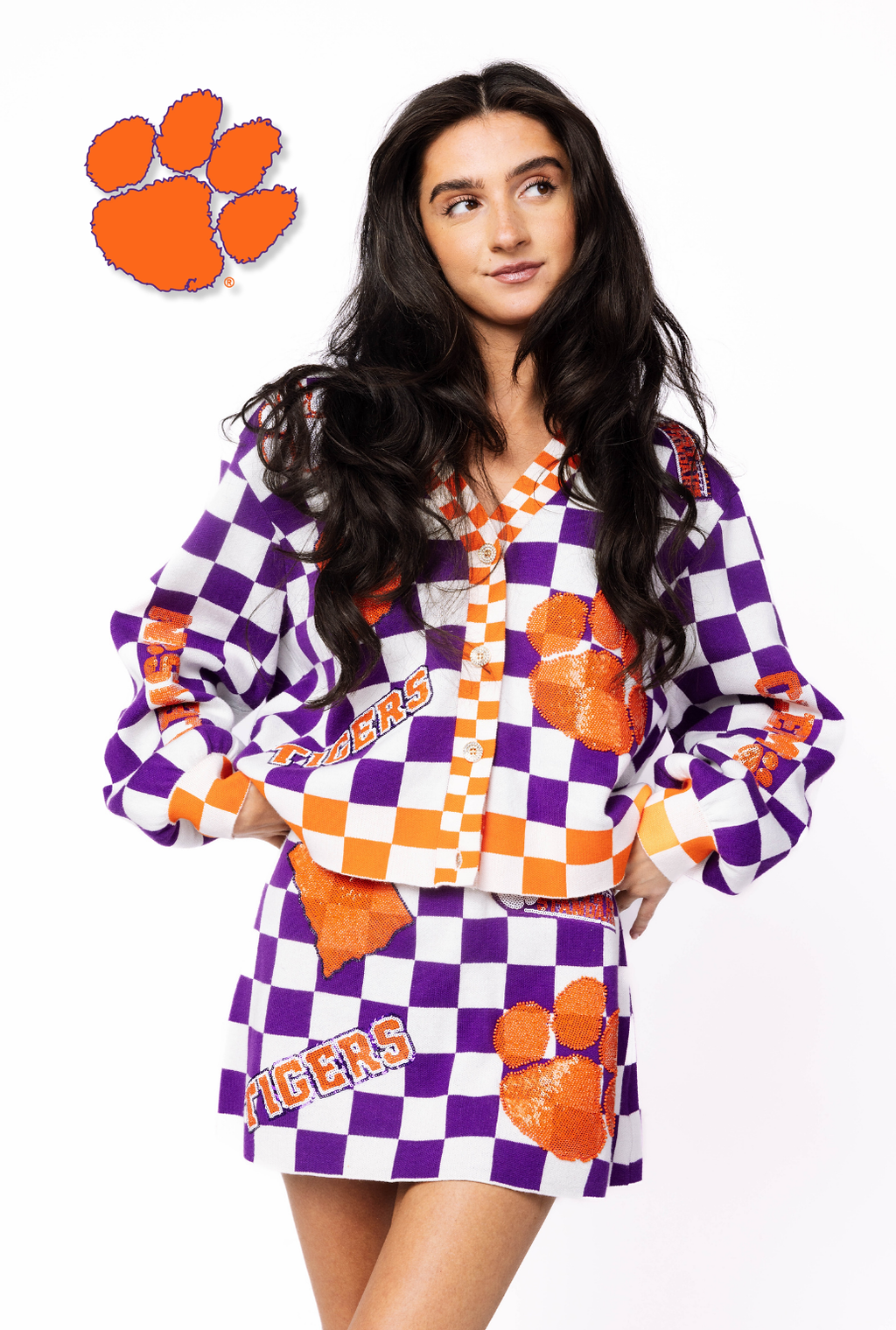 Licensed Sample - Clemson Checkered Team Icons Cardigan & Skirt Set