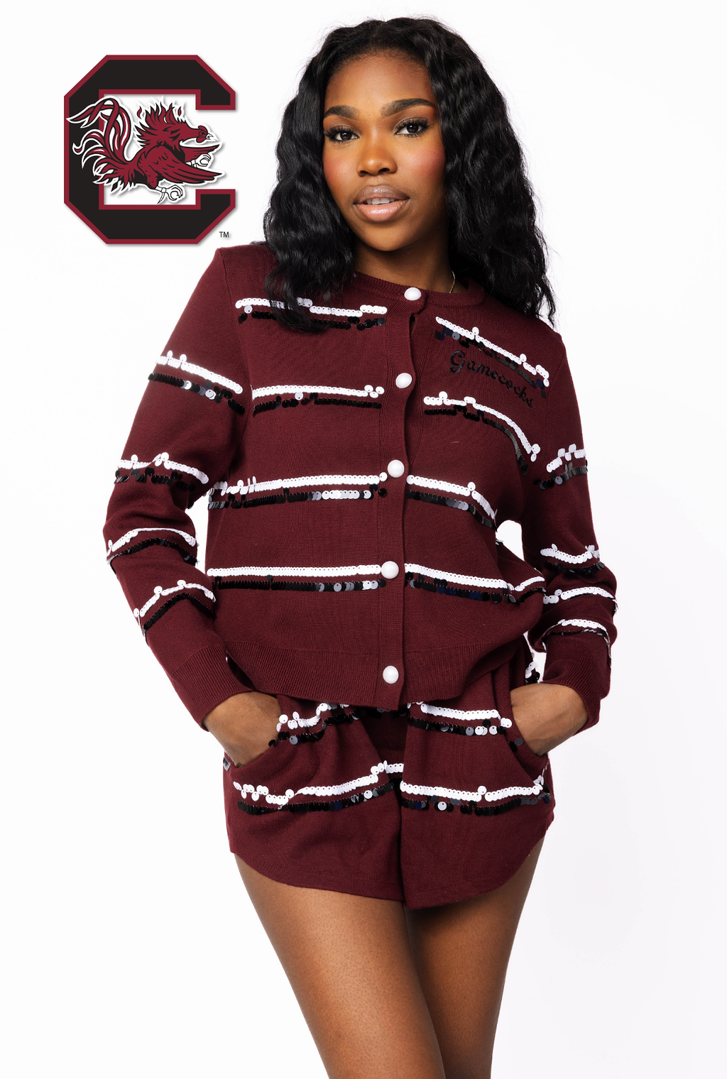 Licensed Sample - USC Full Sequin Skinny Stripe Cardigan/Short