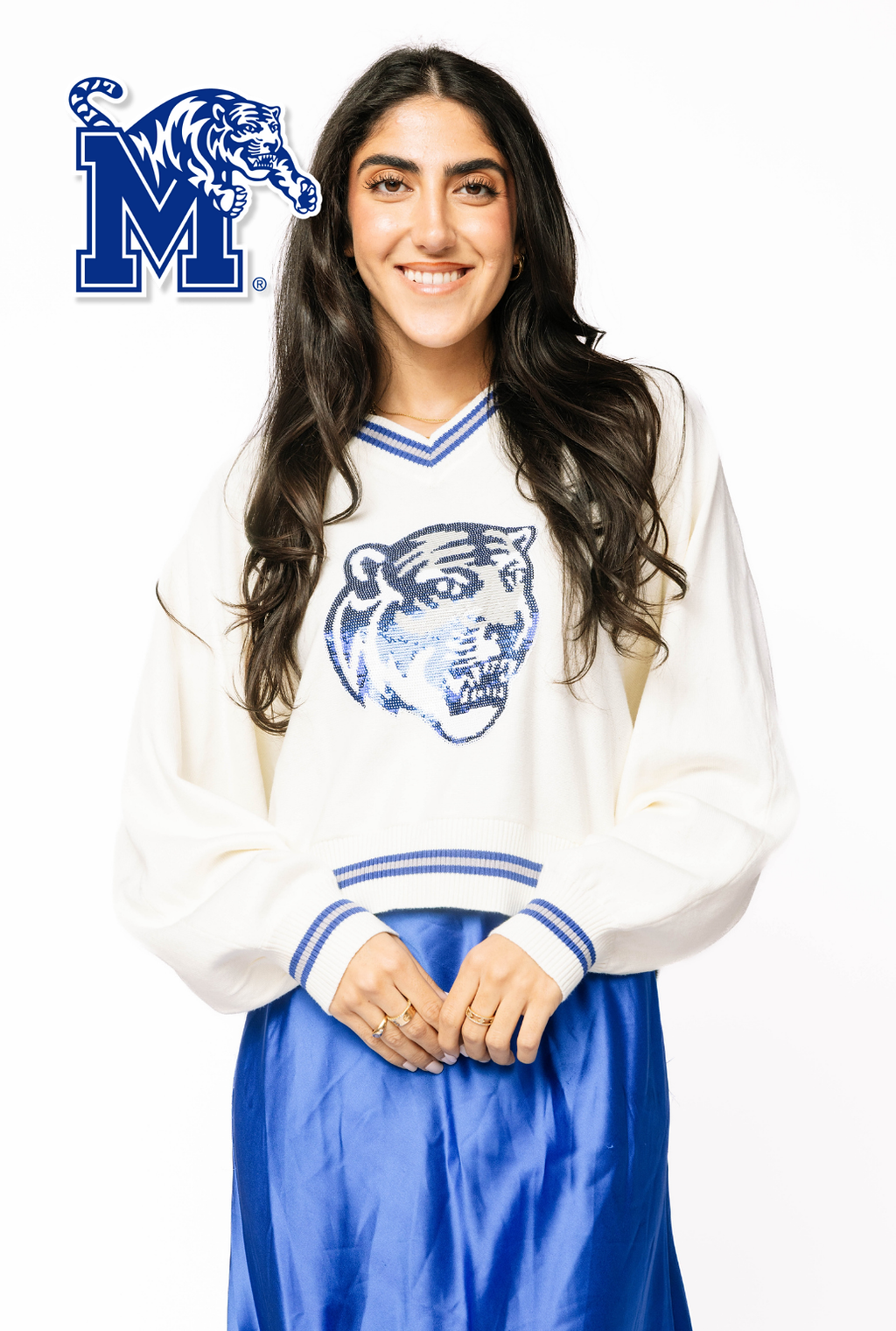 Licensed Sample - Memphis V Neck Striped Cuff LS Sweater with Small Mascot