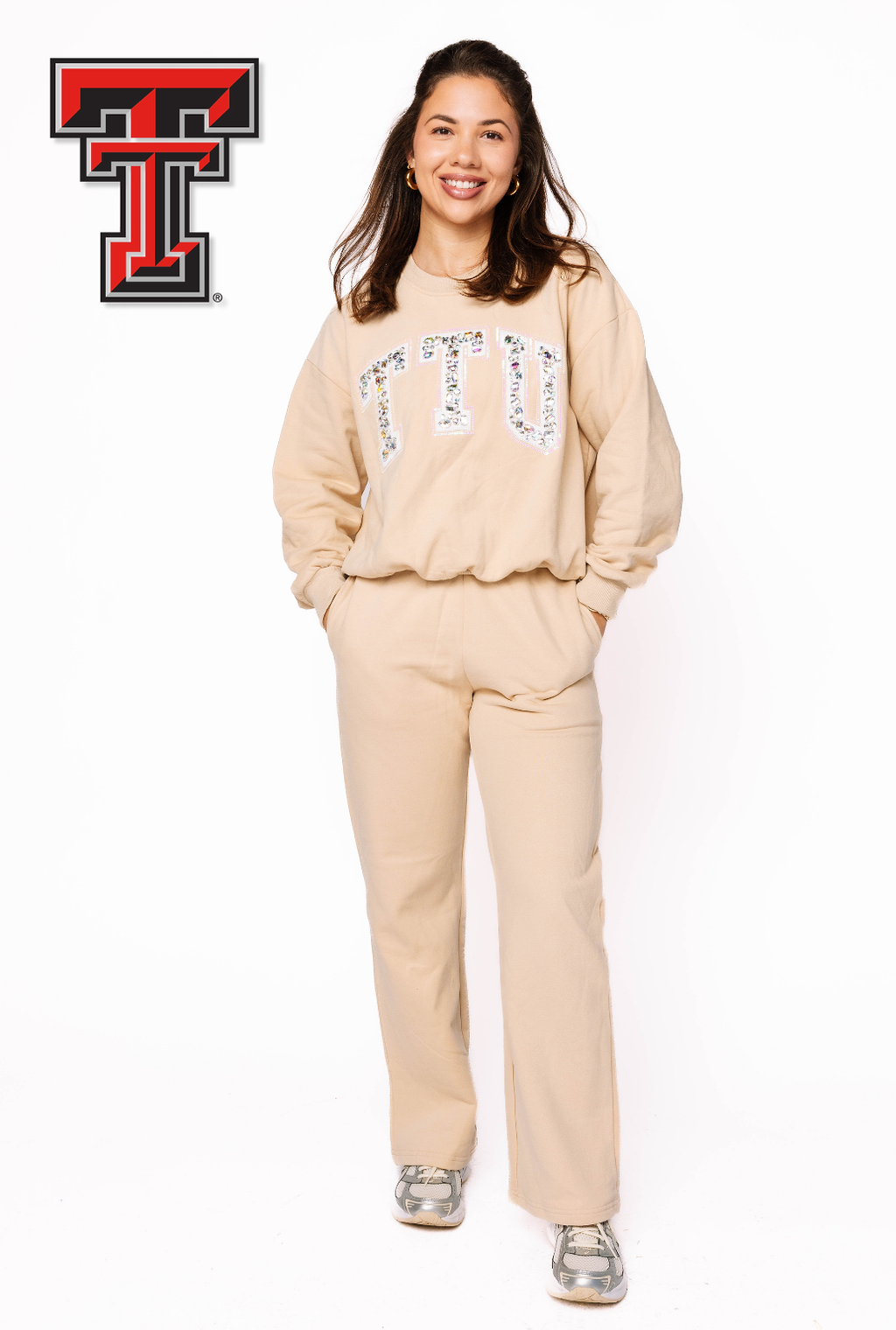 Licensed Sample - TTU Tan W/ White Jewel Letter Sweatshirt/Pant SET