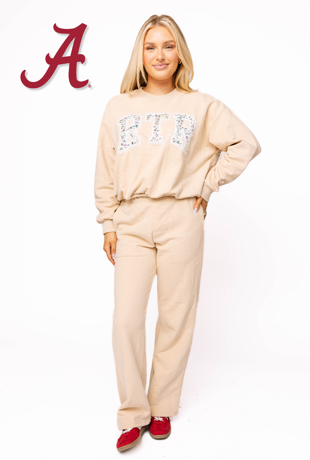 Licensed Sample - RTR Tan W/ White Jewel Letter Sweatshirt/Pant SET