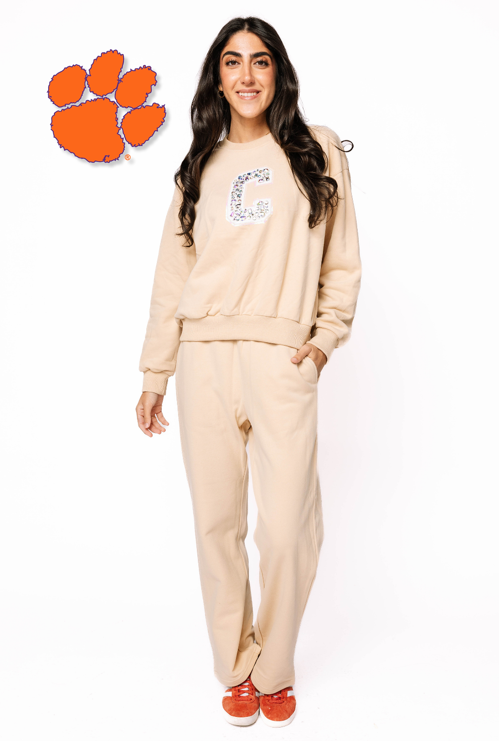 Licensed Sample - Clemson Tan W/ White Jewel Letter Sweatshirt/Pant SET