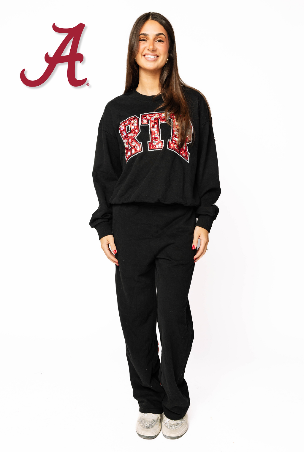 Licensed Sample - Alabama Black W/ Multi Jewel Letter Sweatshirt/Pant SET