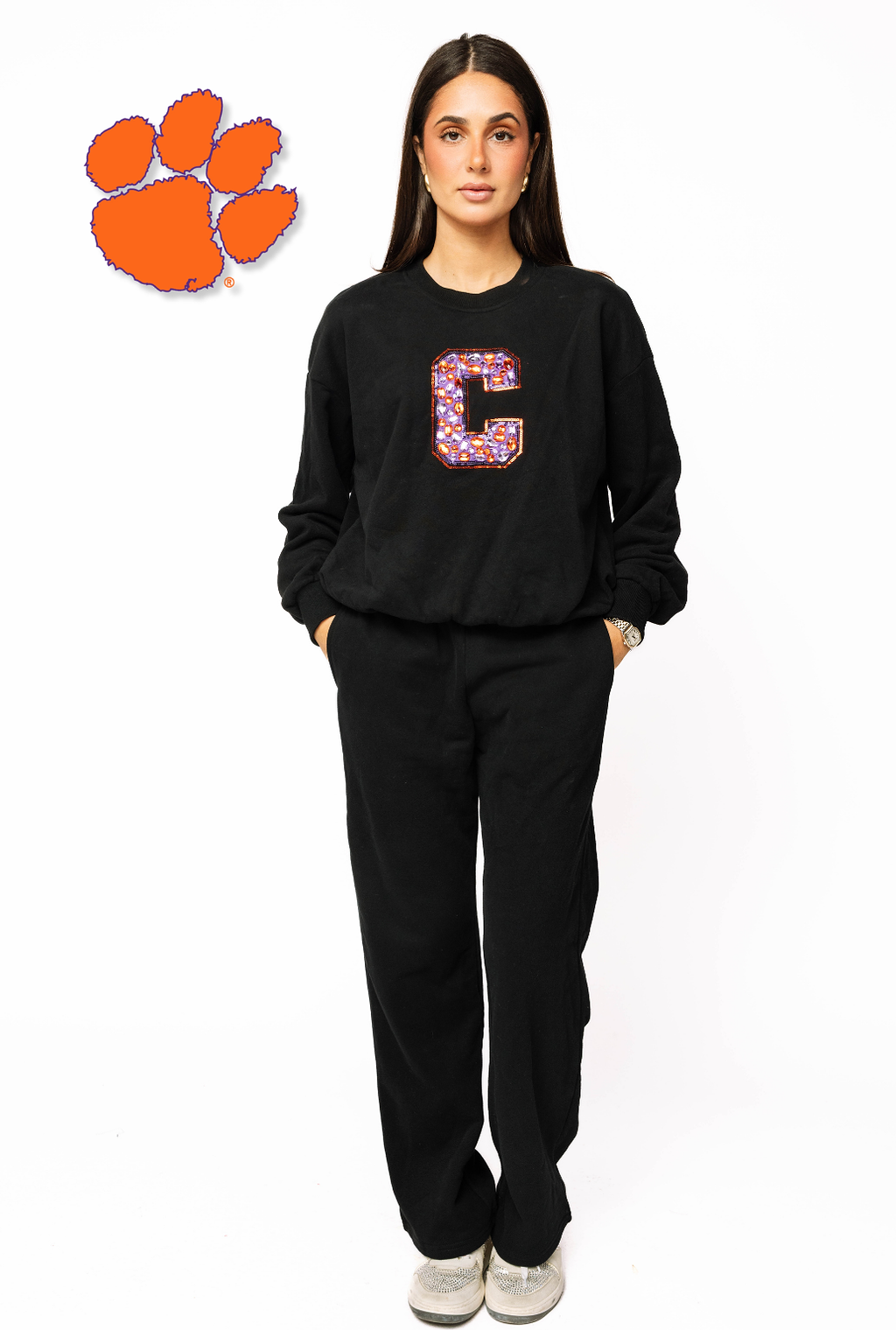 Licensed Sample - Clemson Black W/ Multi Jewel Letter Sweatshirt/Pant SET