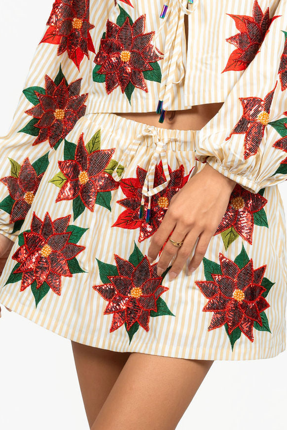 Sample Gold & White Striped Sequin Poinsettia Skort