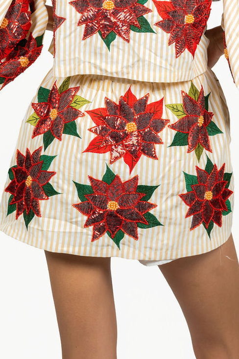 Sample Gold & White Striped Sequin Poinsettia Skort