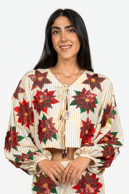 Sample Gold & White Striped Sequin Poinsettia Tie Top