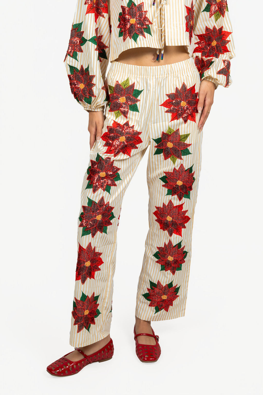 Sample Gold & White Striped Sequin Poinsettia Pant