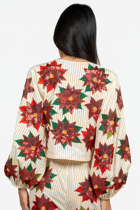 Sample Gold & White Striped Sequin Poinsettia Tie Top