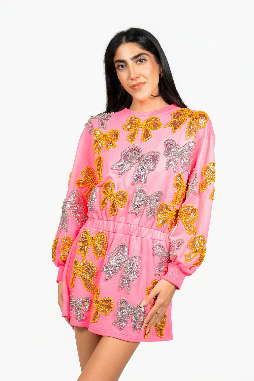 Sample Neon Pink Sequin & Pearl Bows Long Sleeve Dress