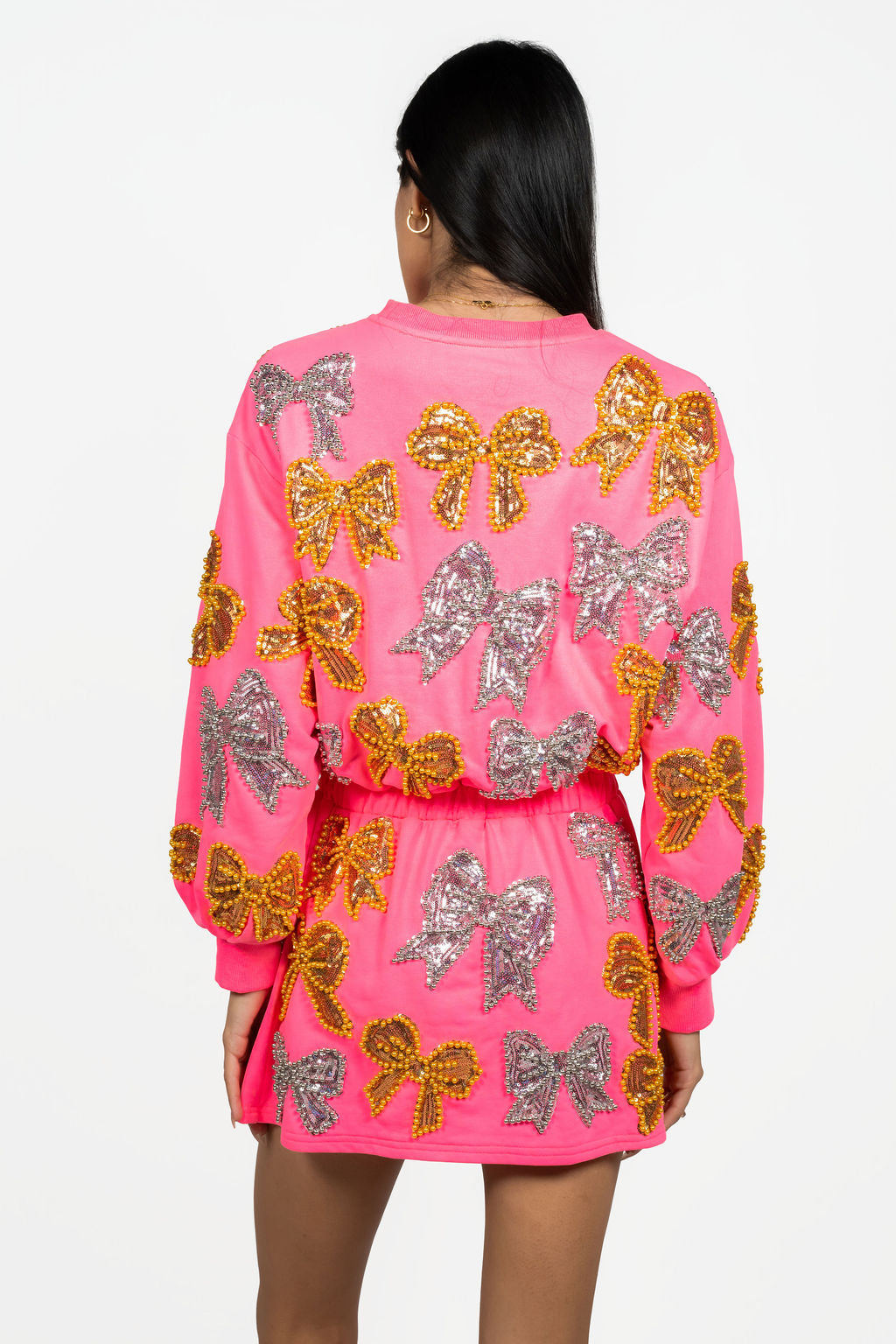Sample Neon Pink Sequin & Pearl Bows Long Sleeve Dress