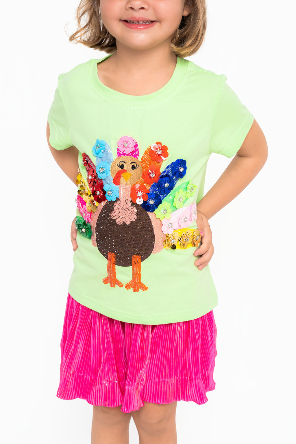 Kids Mint Rainbow Sequin Flower Turkey Tee