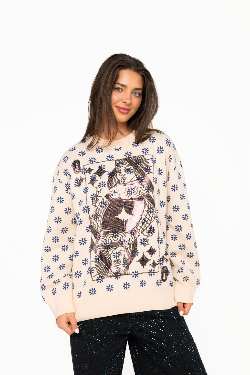 Beige, Blue & Brown Flower Print Queen Card Sweater