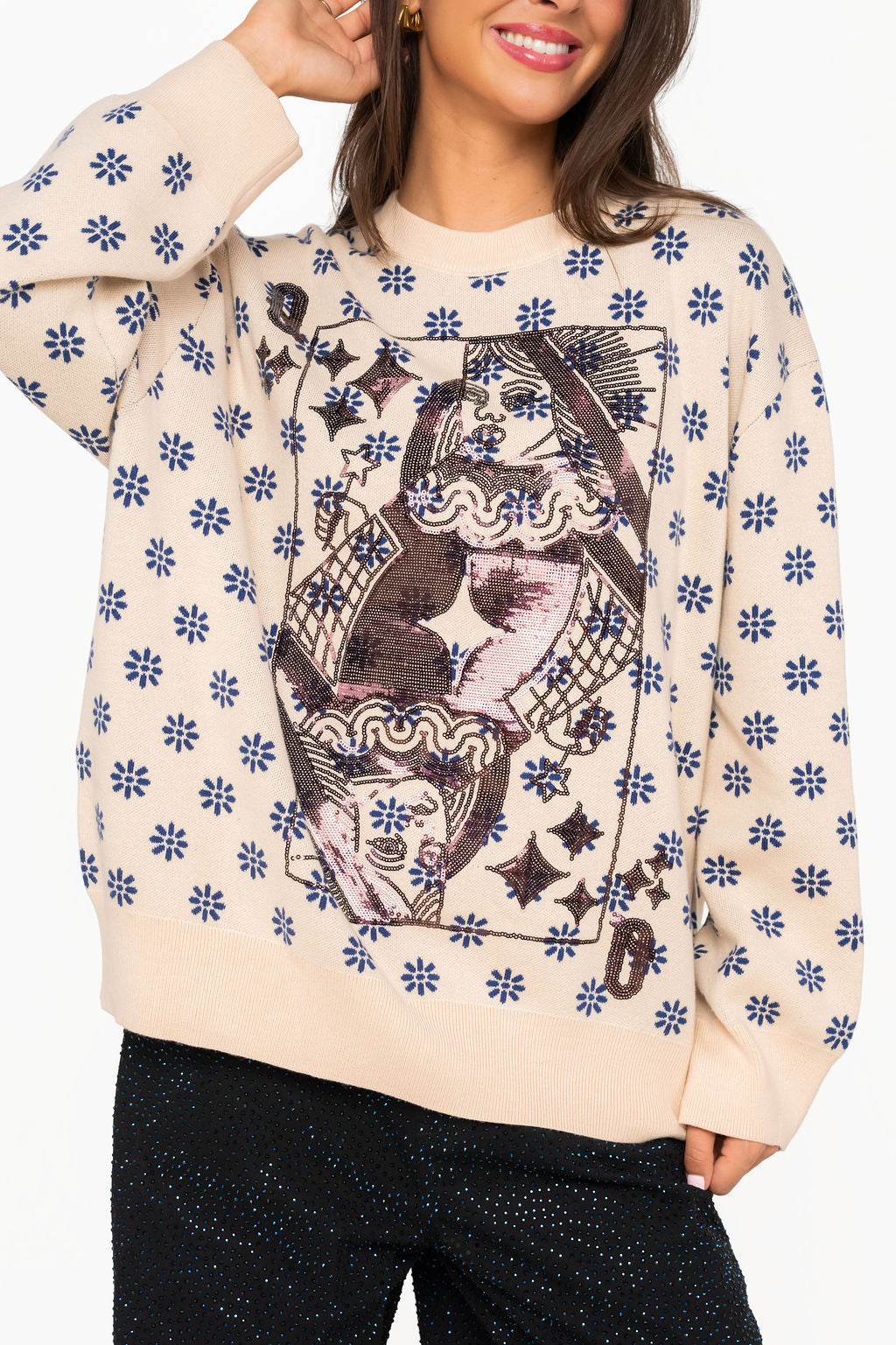 Beige, Blue & Brown Flower Print Queen Card Sweater