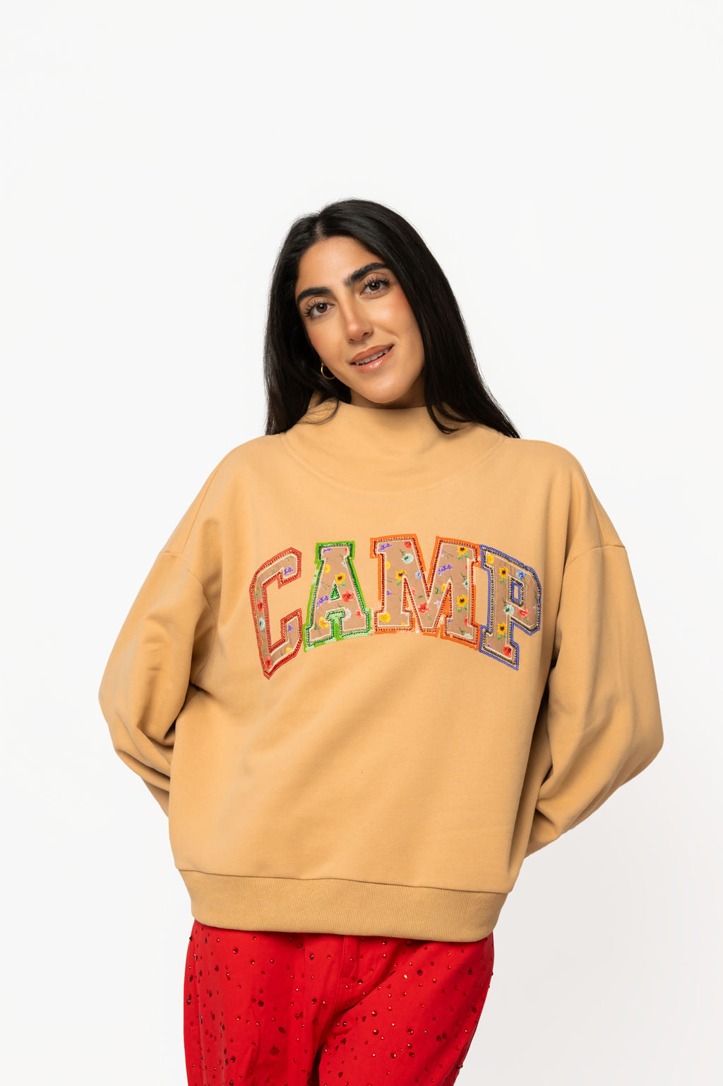 Camel Floral 'Camp' Mock Neck Sweatshirt