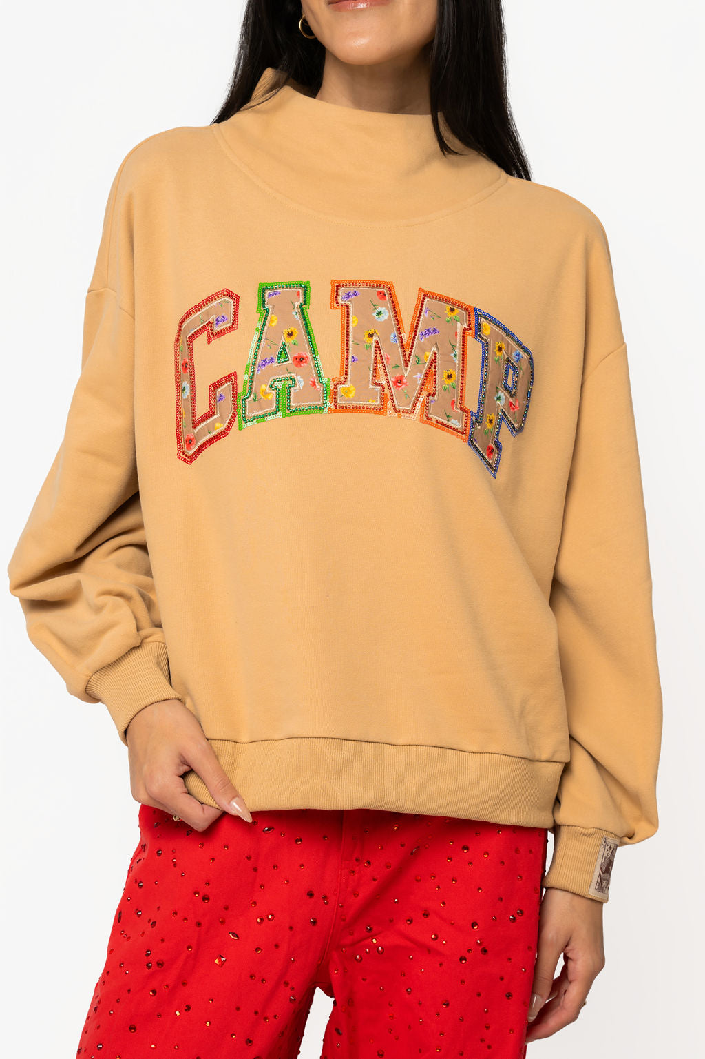 Camel Floral 'Camp' Mock Neck Sweatshirt