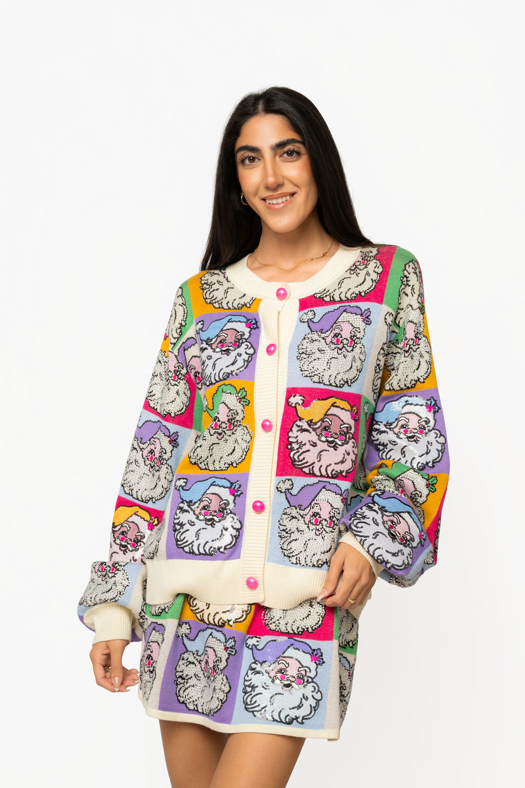 Pastel Colorblock Santa Button Up Cardigan