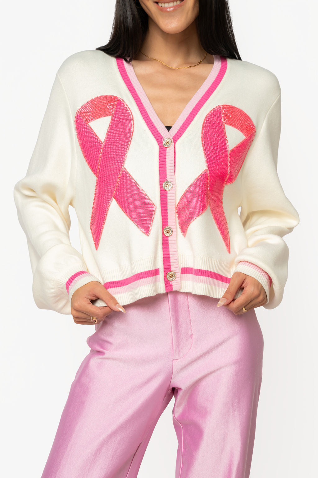 Ivory Breast Cancer Ribbon Button Up Cardigan