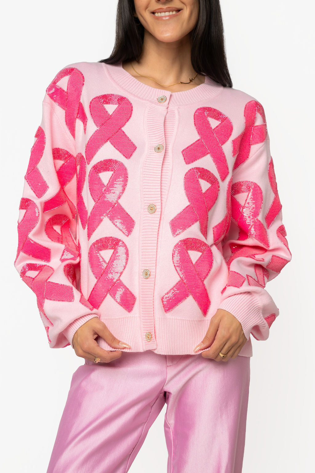 Pink Breast Cancer Ribbon Button Up Cardigan