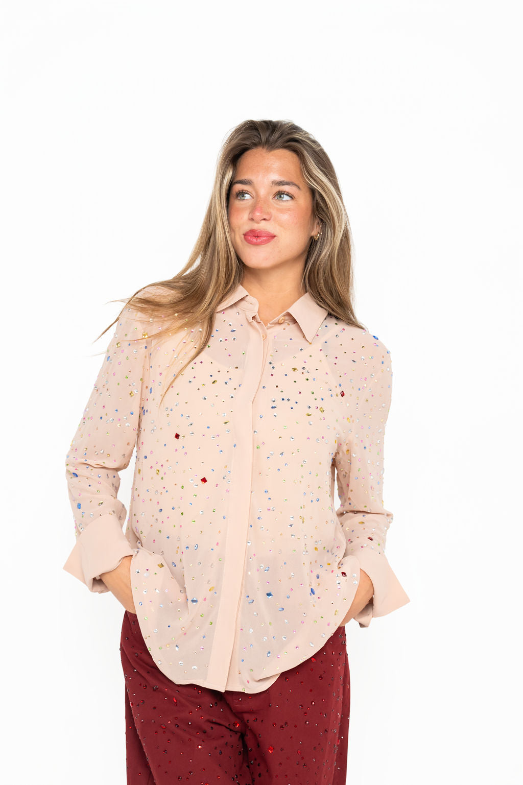 Beige Sheer Multi Rhinestone Button Up Top