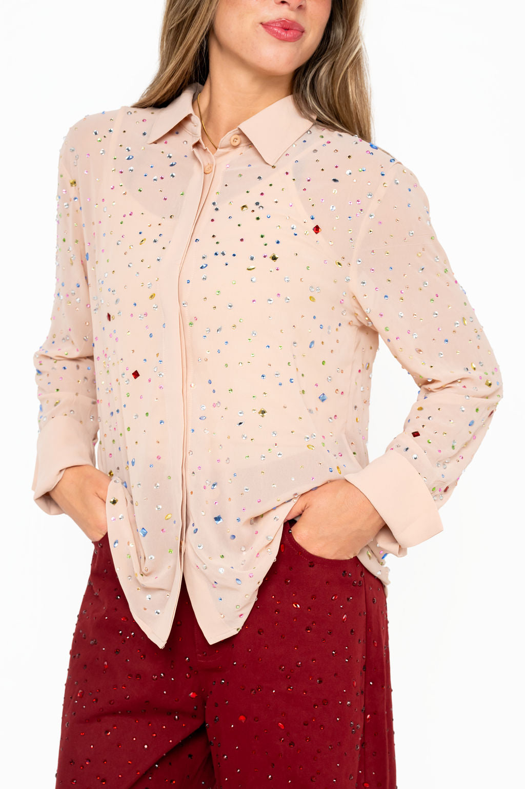 Beige Sheer Multi Rhinestone Button Up Top