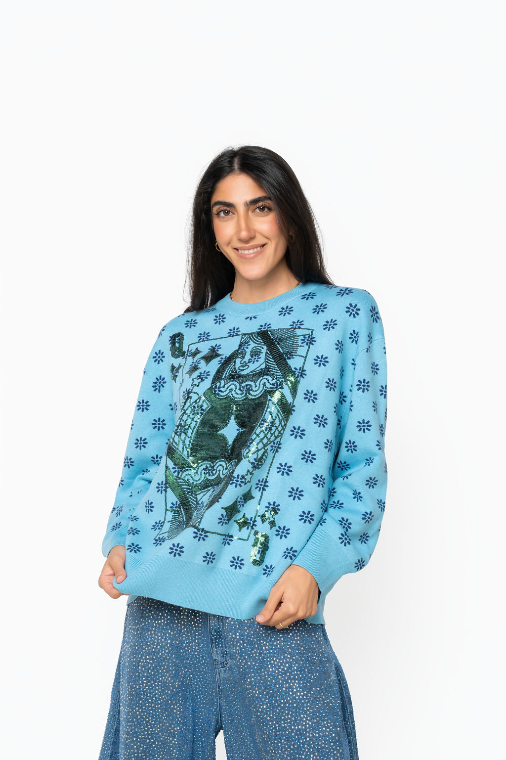 Aqua & Green Flower Print Queen Card Sweater