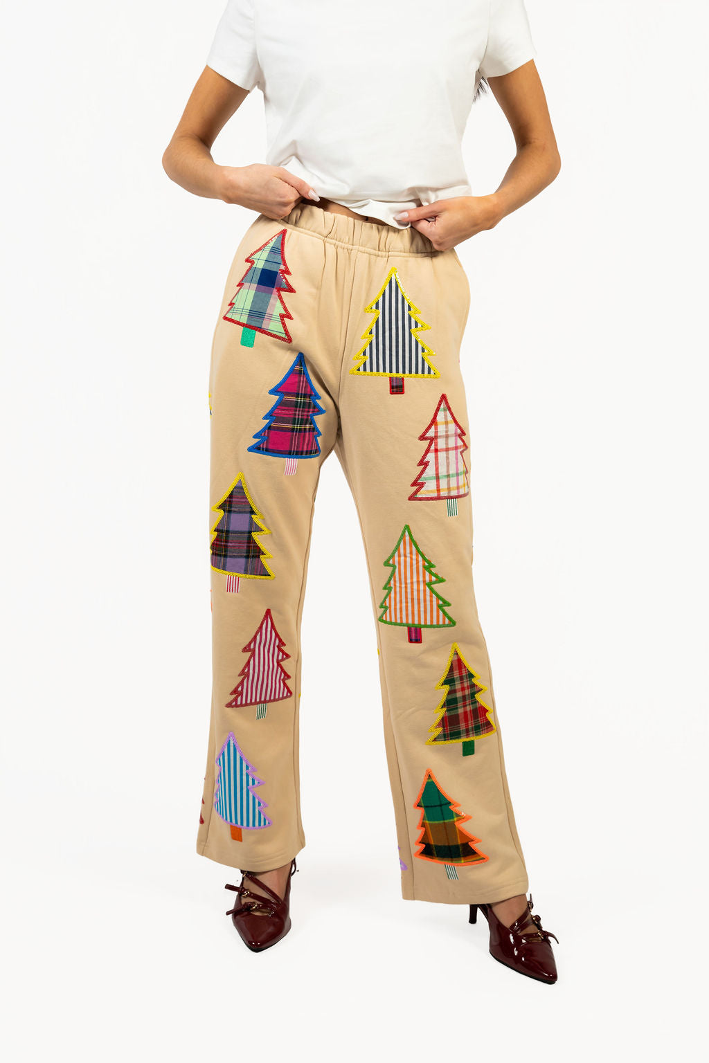 Sample Beige Multi Plaid & Stripe Christmas Tree Sweatpant