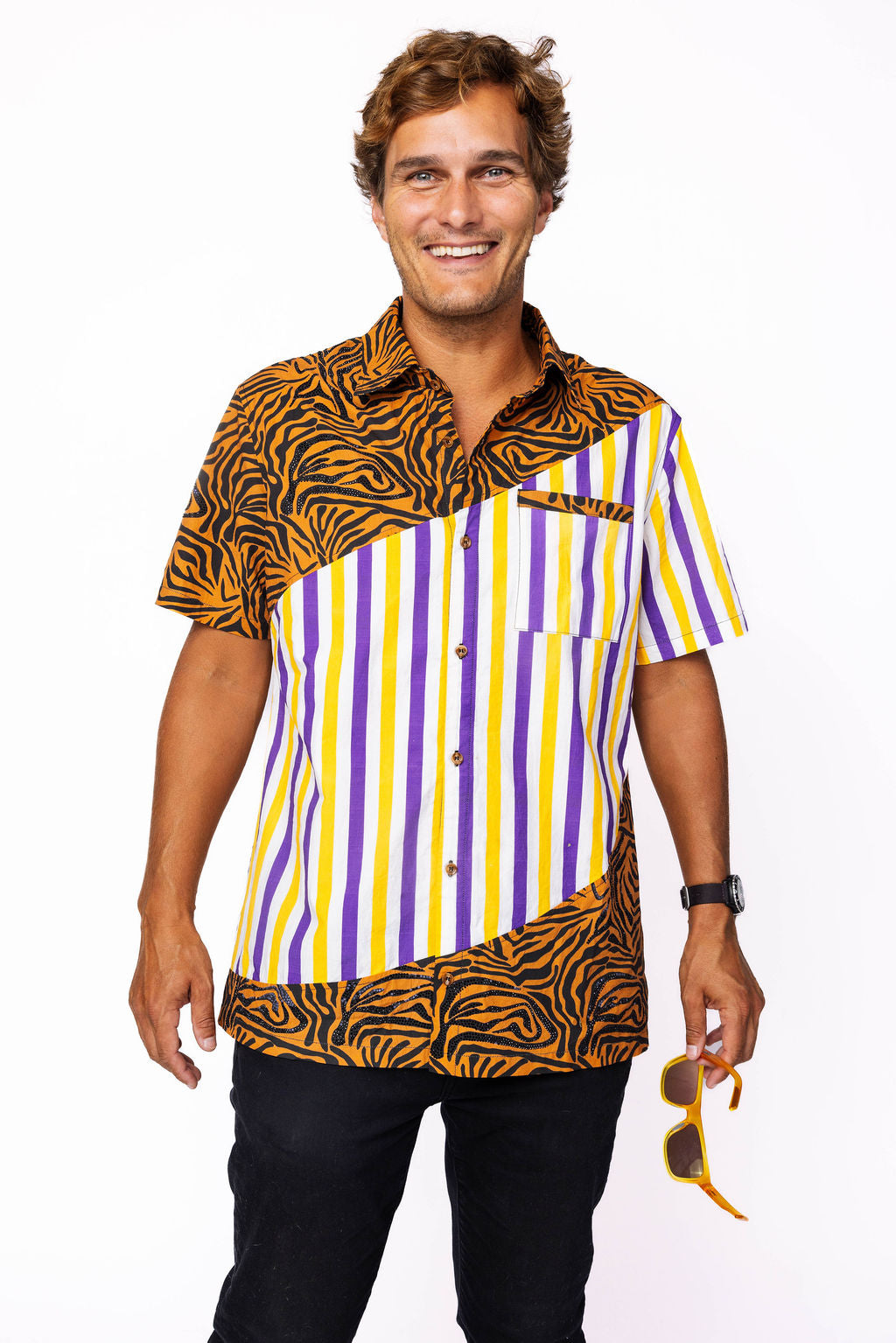 Licensed Men's Tiger, Purple and Gold Stripe Button Up
