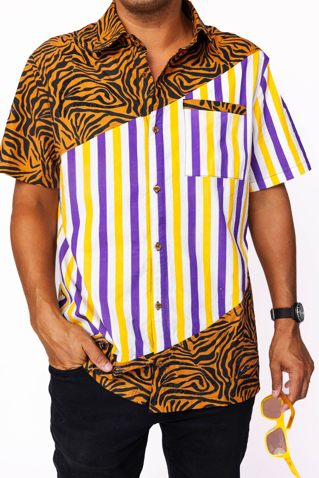 Licensed Men's Tiger, Purple and Gold Stripe Button Up