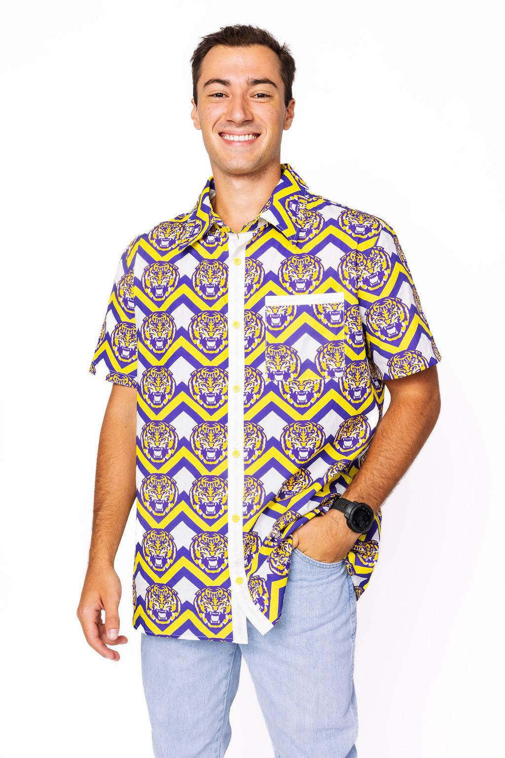 Licensed Men's White, Purple, & Gold Zig Zag Tiger Button Up