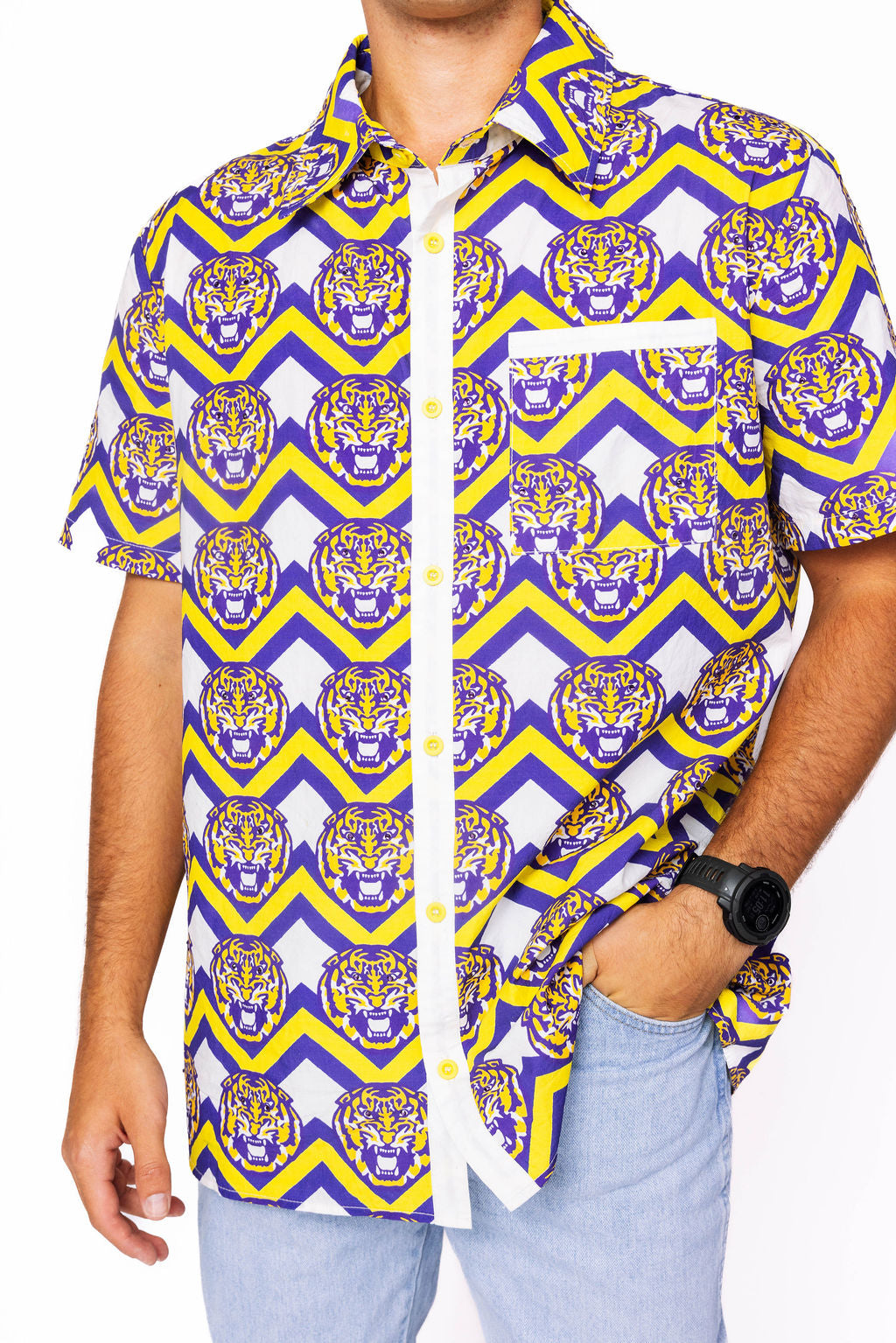 Licensed Men's White, Purple, & Gold Zig Zag Tiger Button Up