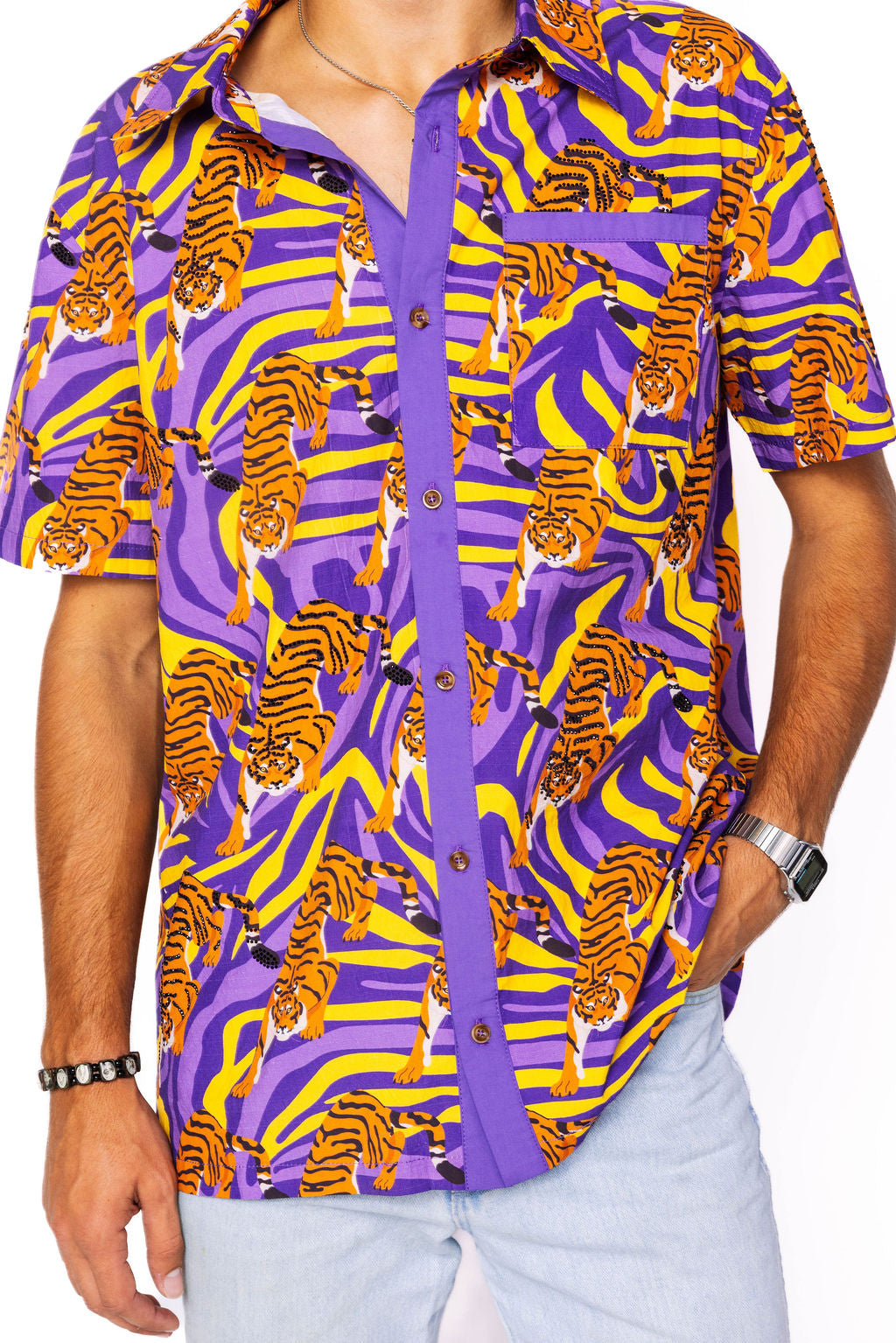 Licensed Men's Purple & Gold Scattered Tiger Button Up