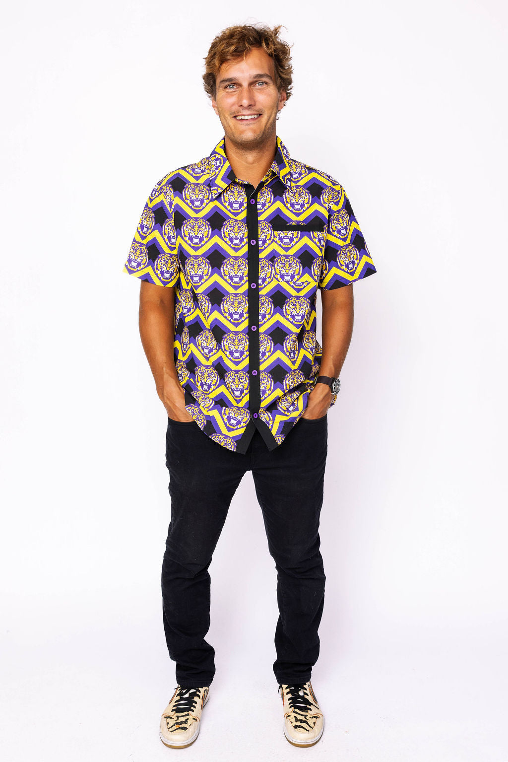 Licensed Men's Black, Purple, & Gold Zig Zag Tiger Button Up