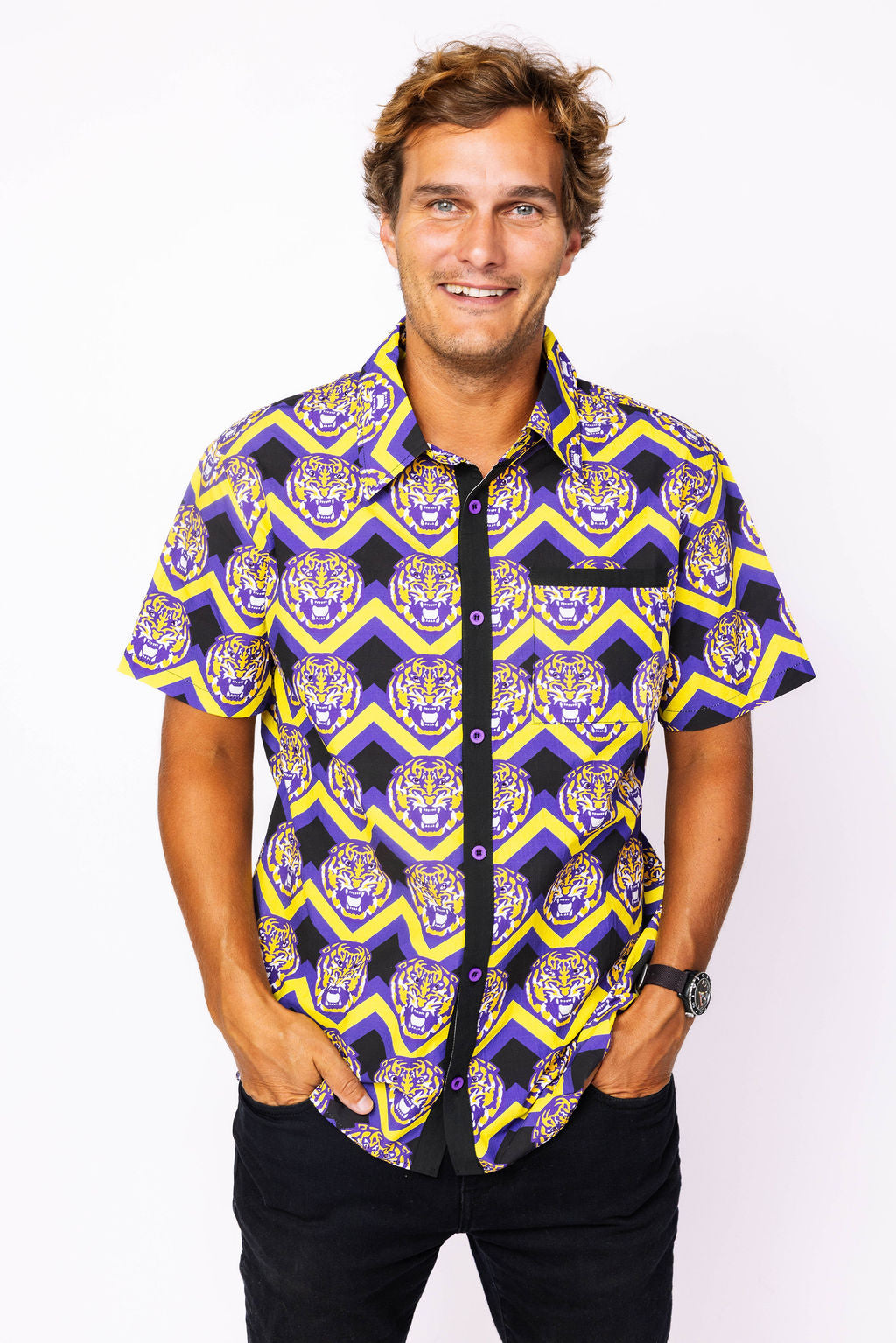 Licensed Men's Black, Purple, & Gold Zig Zag Tiger Button Up
